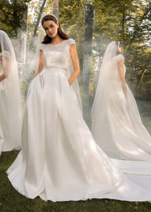 Strapless Ivory Pleated Satin Wedding Dress With Lace Jacket